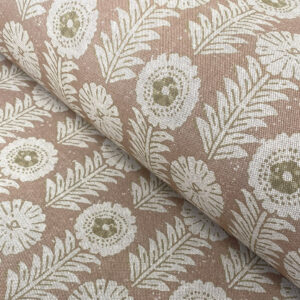 A folk-inspired block print style design with a stylised floral motif in plaster pink. A versatile mid scale design suitable for curtains and blinds.