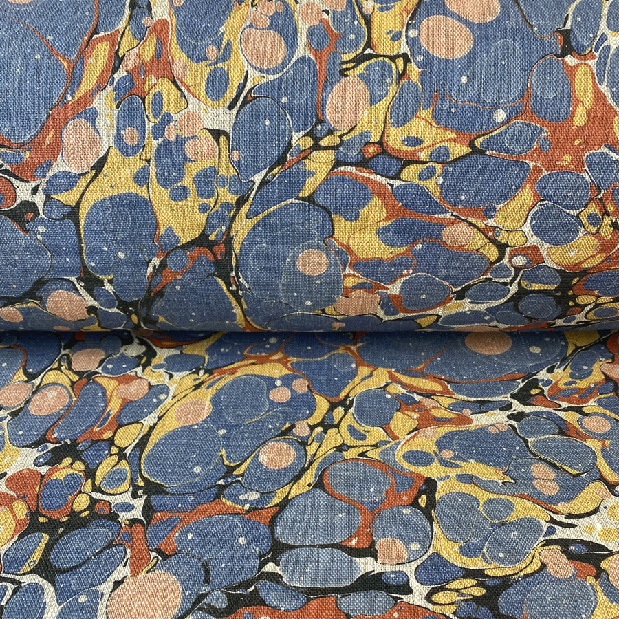 Marbled Fabric, Marbled linen in blue