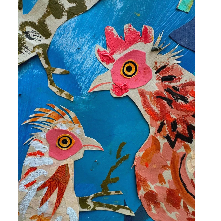 Mark Hearld Original Collage in a Large Antique Frame - Bantams in Damson Tree