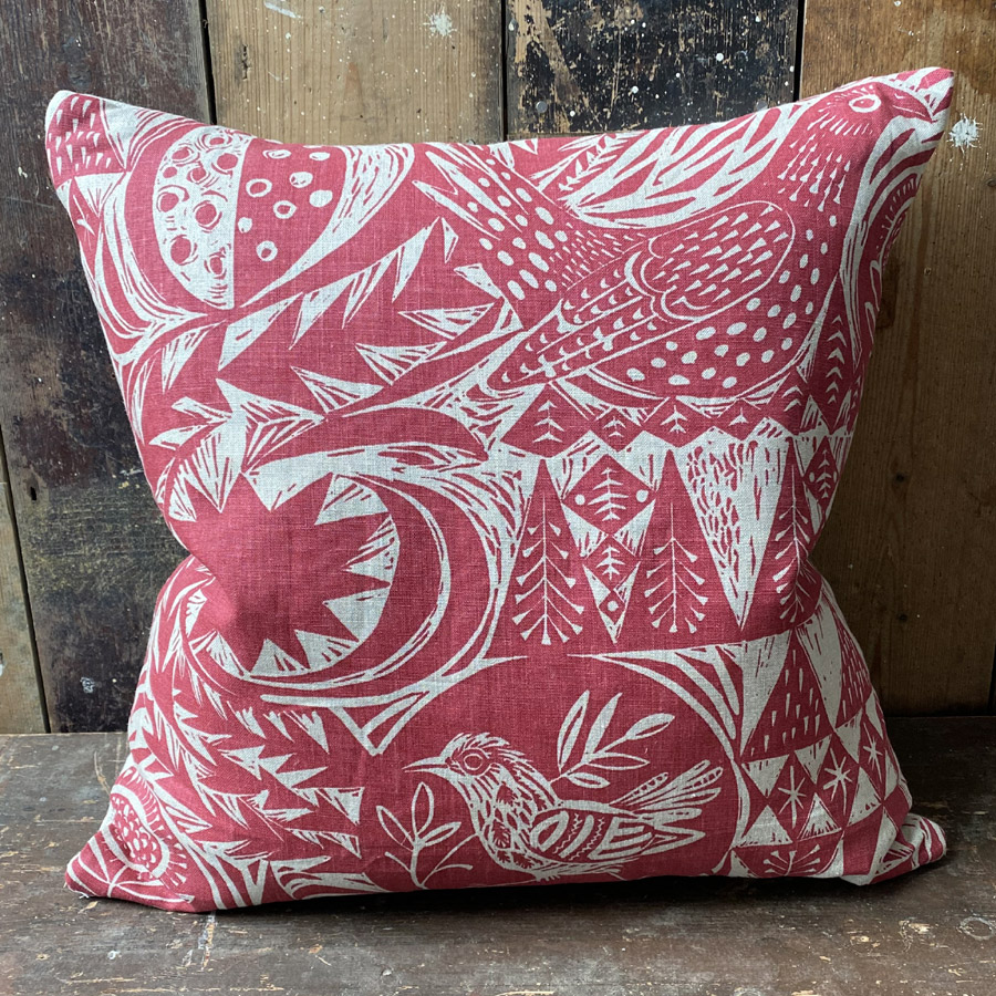 Bird Garden Cushion - Cherry Red
