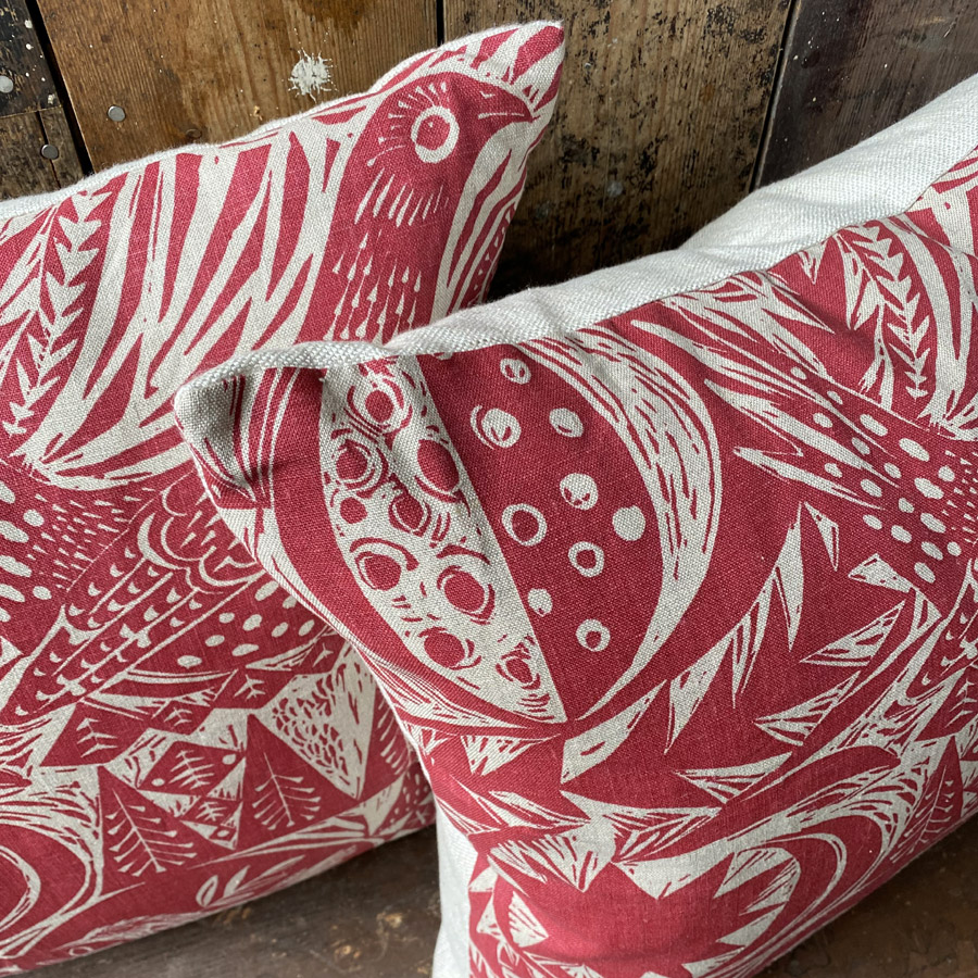 Bird Garden Cushion - Cherry Red