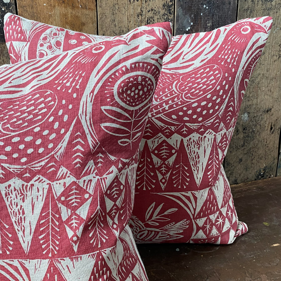Bird Garden Cushion - Cherry Red