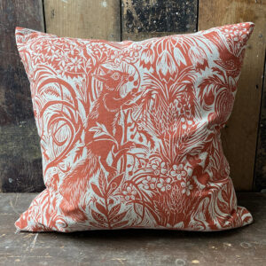 Squirrel and Sunflower Cushion - Brick Red - Image 1