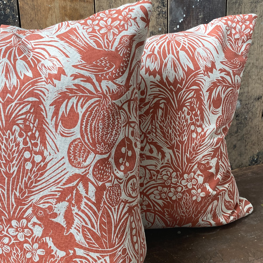 Squirrel and Sunflower Cushion - Brick Red