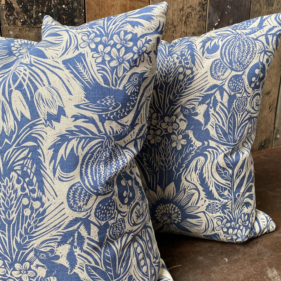 Squirrel and Sunflower Cushion - Indigo