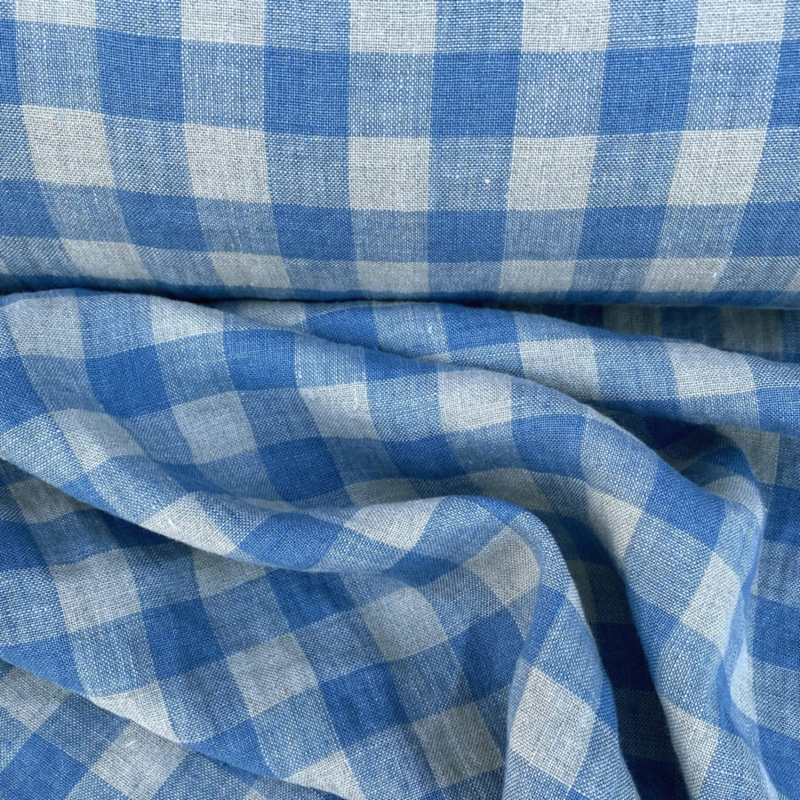 Washed Linen Check Denim Blue