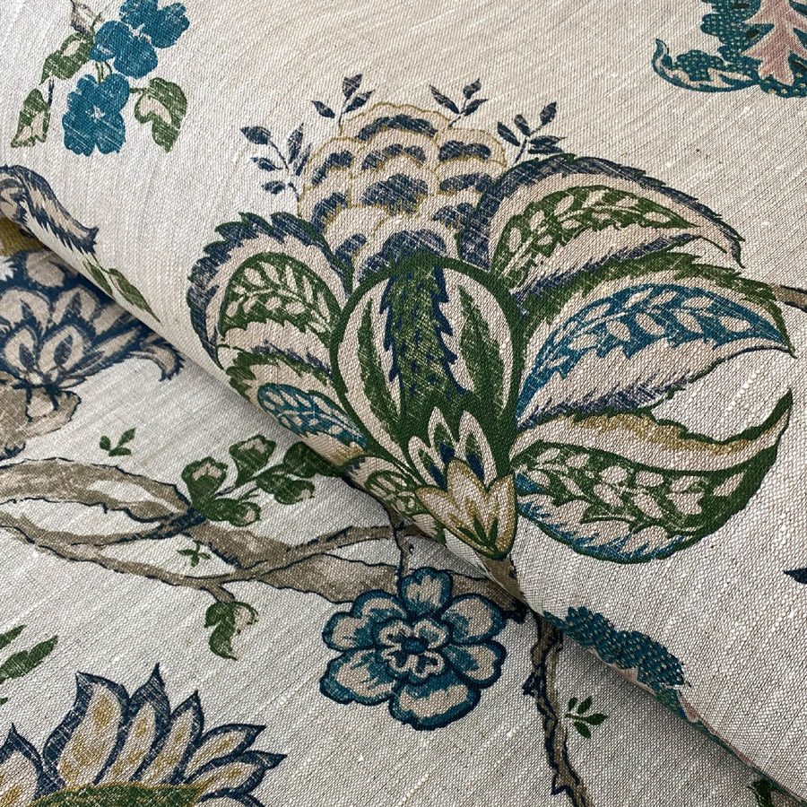 Tree of Life linen fabric for curtains and blinds, featuring a large scale multicolour design with blues and greens on 100% linen.