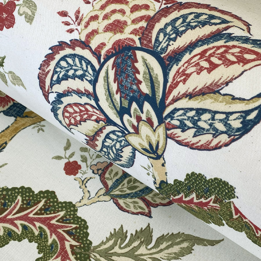 Large scale Tree of Life linen curtain fabric with stylised leaves and branches in greens and blues. Printed on 100% cotton, ideal for curtains and blinds.