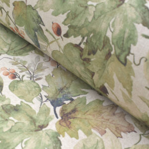 Woodland leaf linen fabric for curtains and blinds, featuring rich greens and browns inspired by the English countryside on a natural linen base.