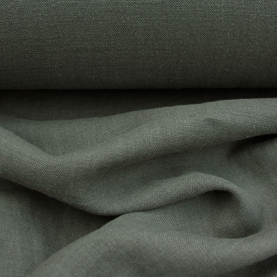 100% Linen fabric with a super soft drape in a soft dark olive green. Suitable for curtains and blinds where a good drape is uppermost.