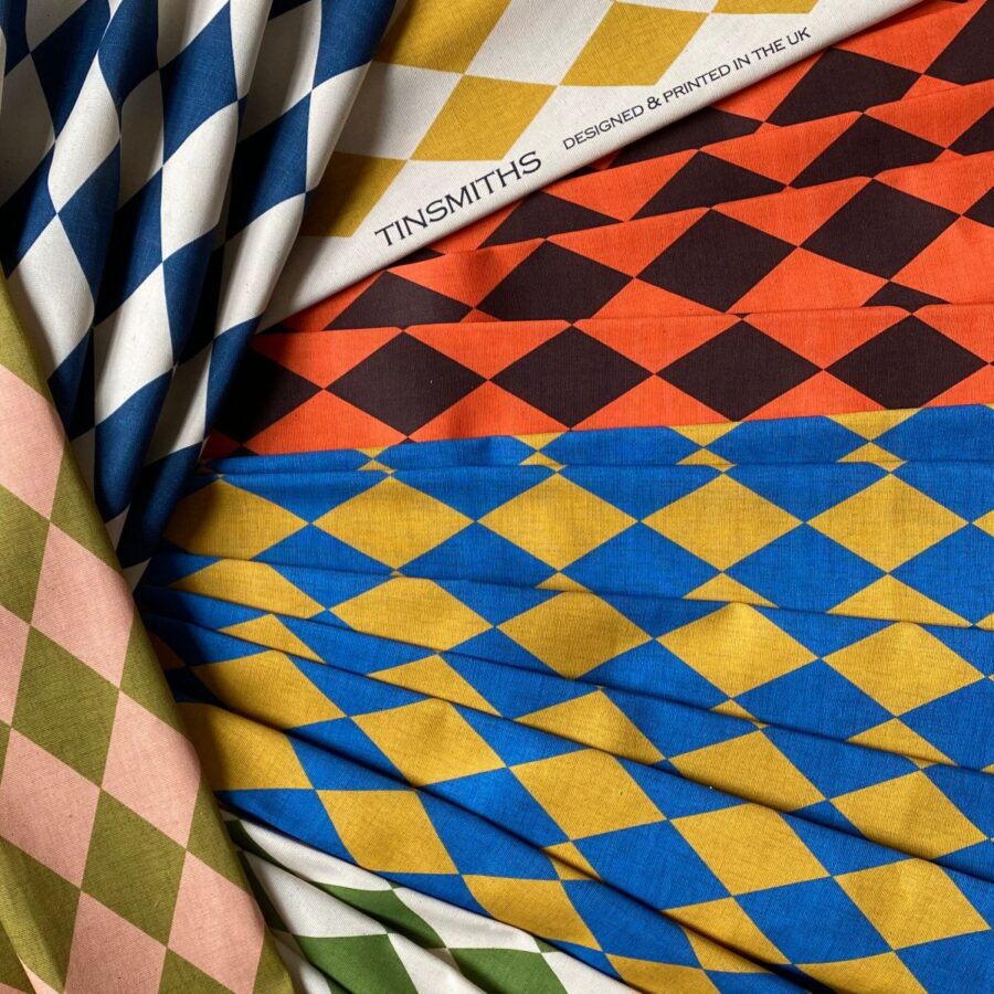 Harlequin fabric, A bold harlequin-style design in a vibrant palette of bright colours