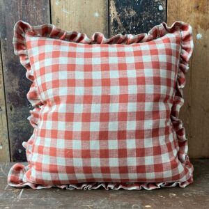 Washed Linen Check Ruffle Cushion - Brick - Image 1