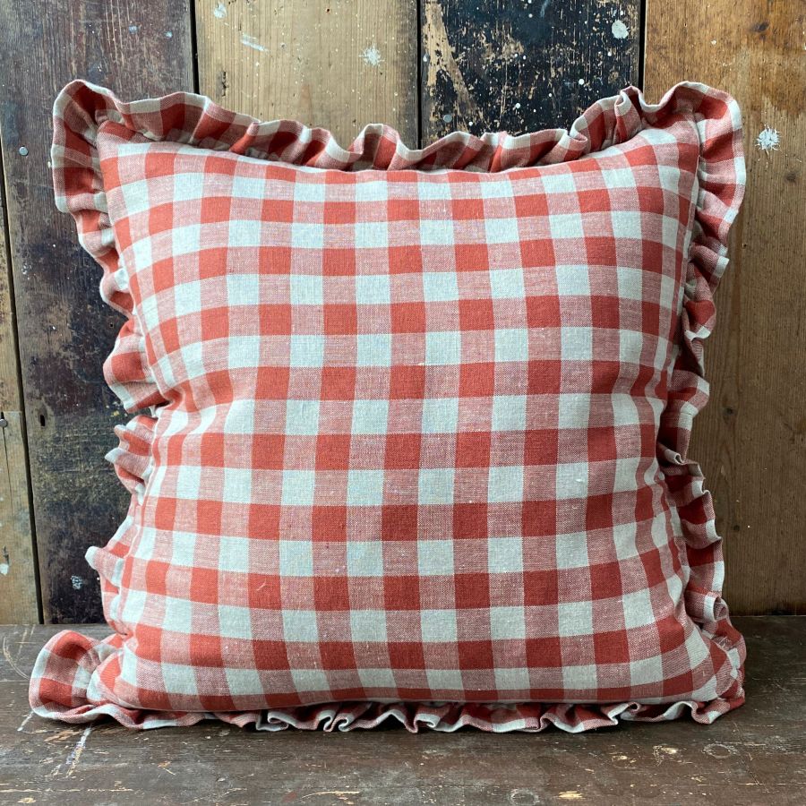 Washed Linen Check Ruffle Cushion - Brick