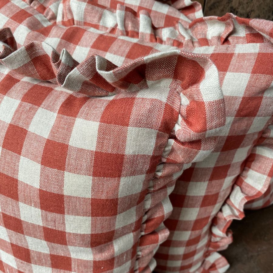 Washed Linen Check Ruffle Cushion - Brick