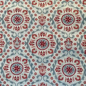 Tinsmiths Extra Wide Suzani print cloth on a roll in Strawberry & Duckegg