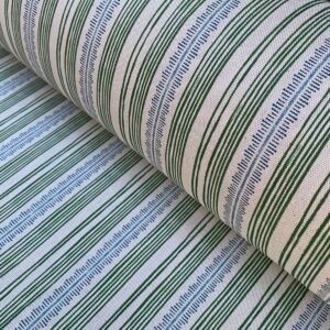 Tinsmiths Striped Feather Stripe Fabric on a roll in leaf green & indigo
