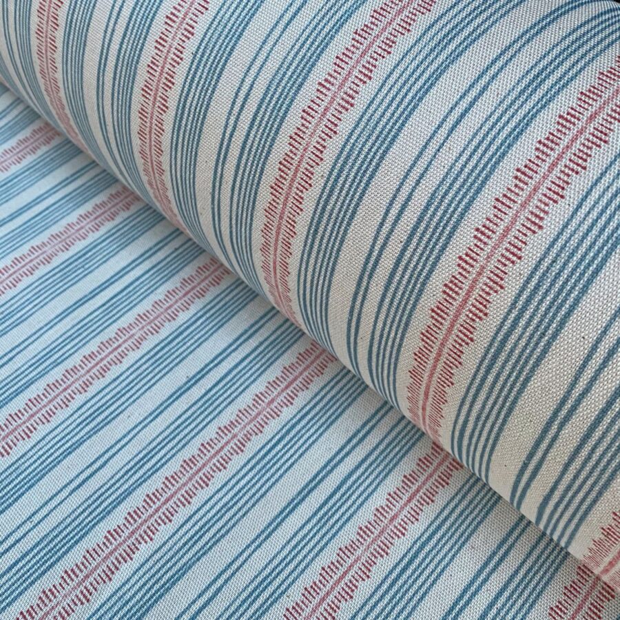 Tinsmiths Striped Feather Stripe Fabric on a roll in strawberry red & Blue