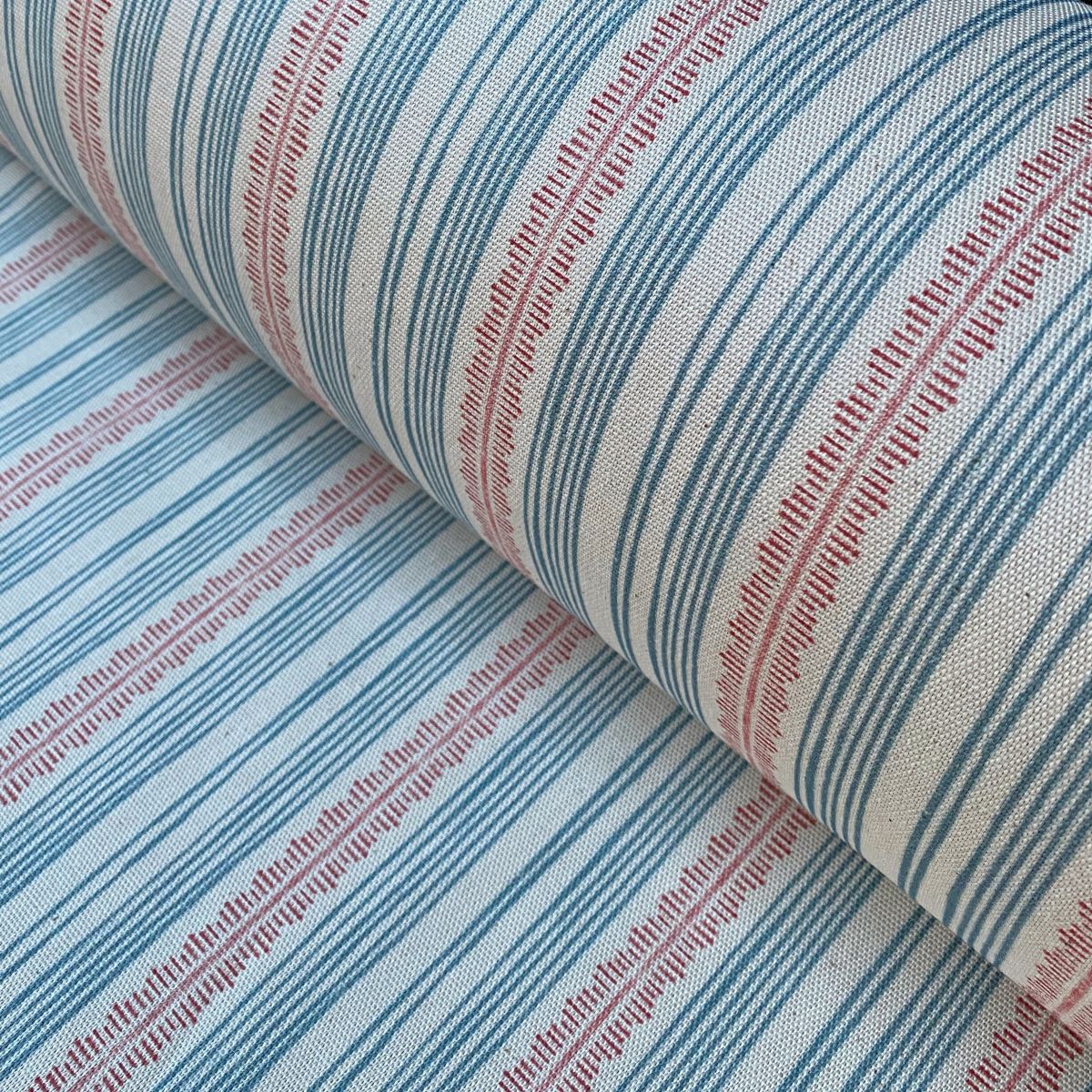 Tinsmiths Striped Feather Stripe Fabric on a roll in strawberry red & Blue