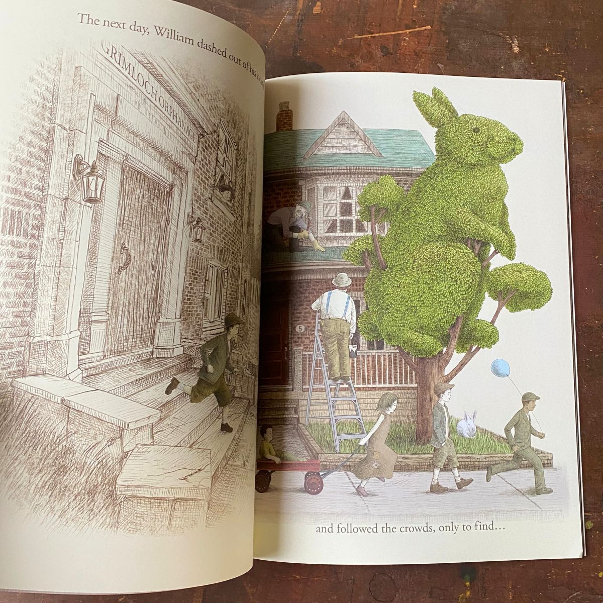 Double page spread of a topiary rabbit from The Night Gardener book by Terry Fan