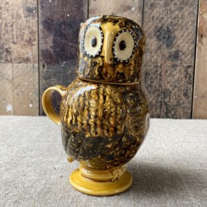 Carole Glover slipware glazed Ozzy Owl against a wooden background
