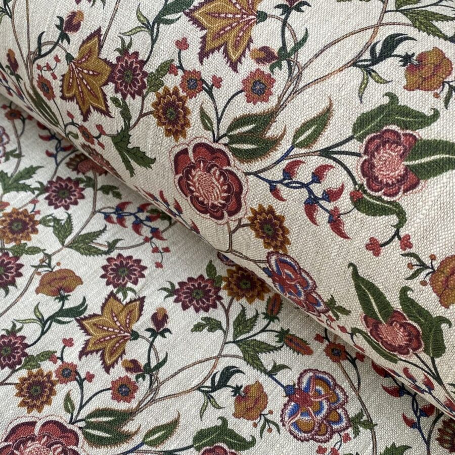 Melody print Linen on a roll in raspberry & leaf green
