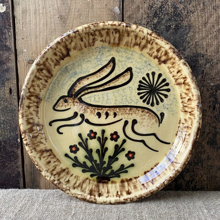 Highly detailed, ceramic slipware hare plate by Paul Young