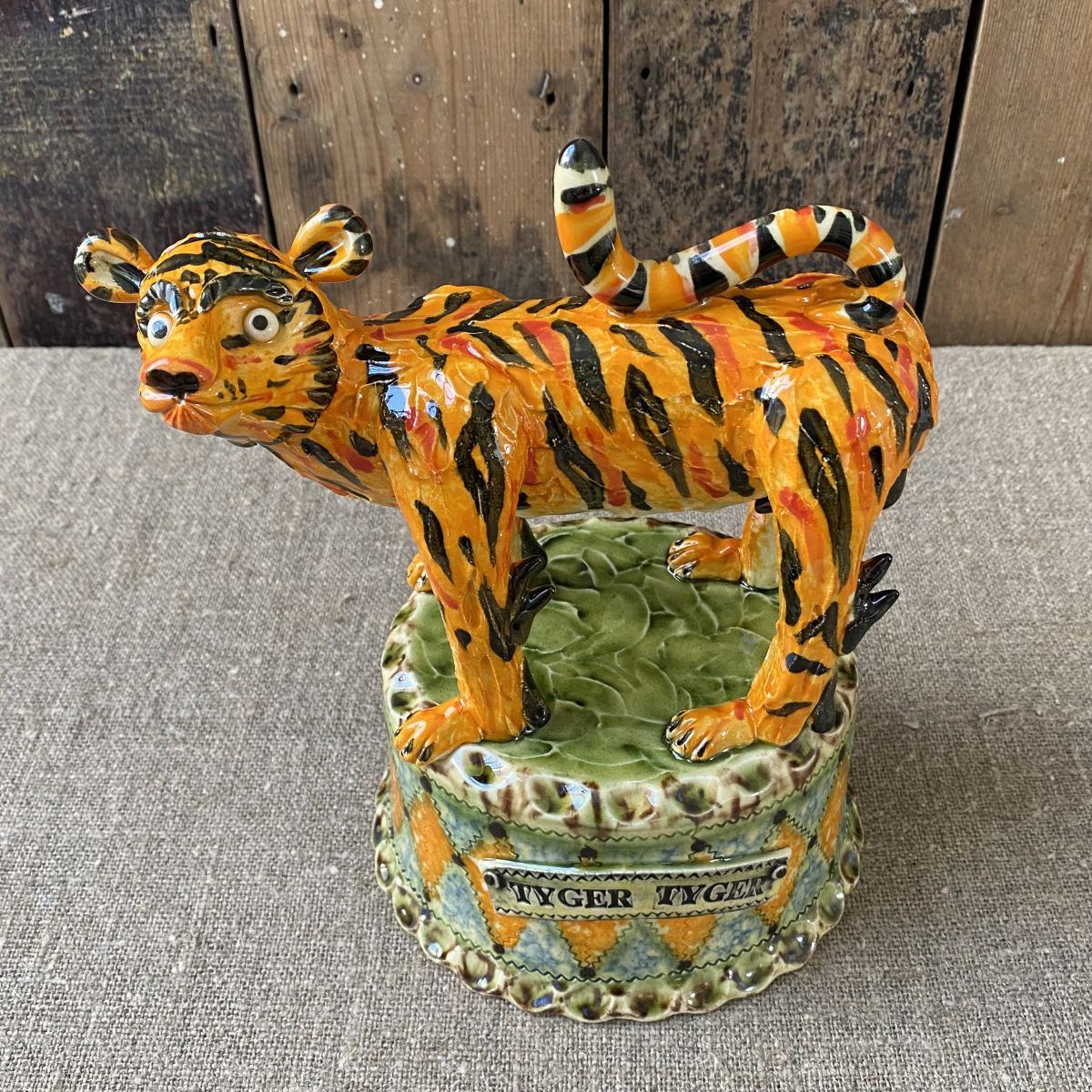 Highly detailed, ceramic slipware tiger by Paul Young