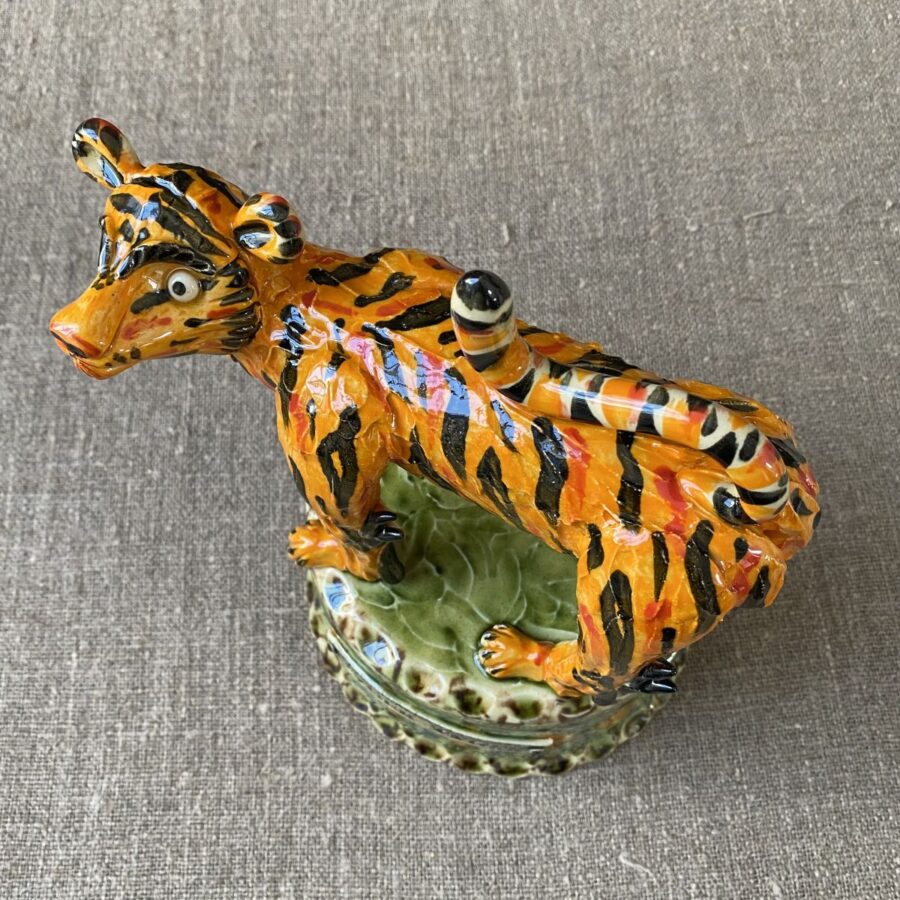 Highly detailed, ceramic slipware tiger by Paul Young
