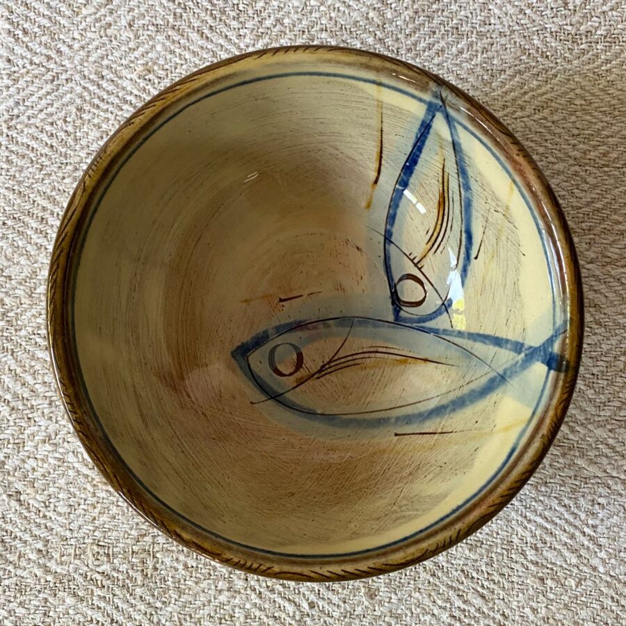 Jennifer Hall Cream Slipware bowl taken from above, on a cream backcloth