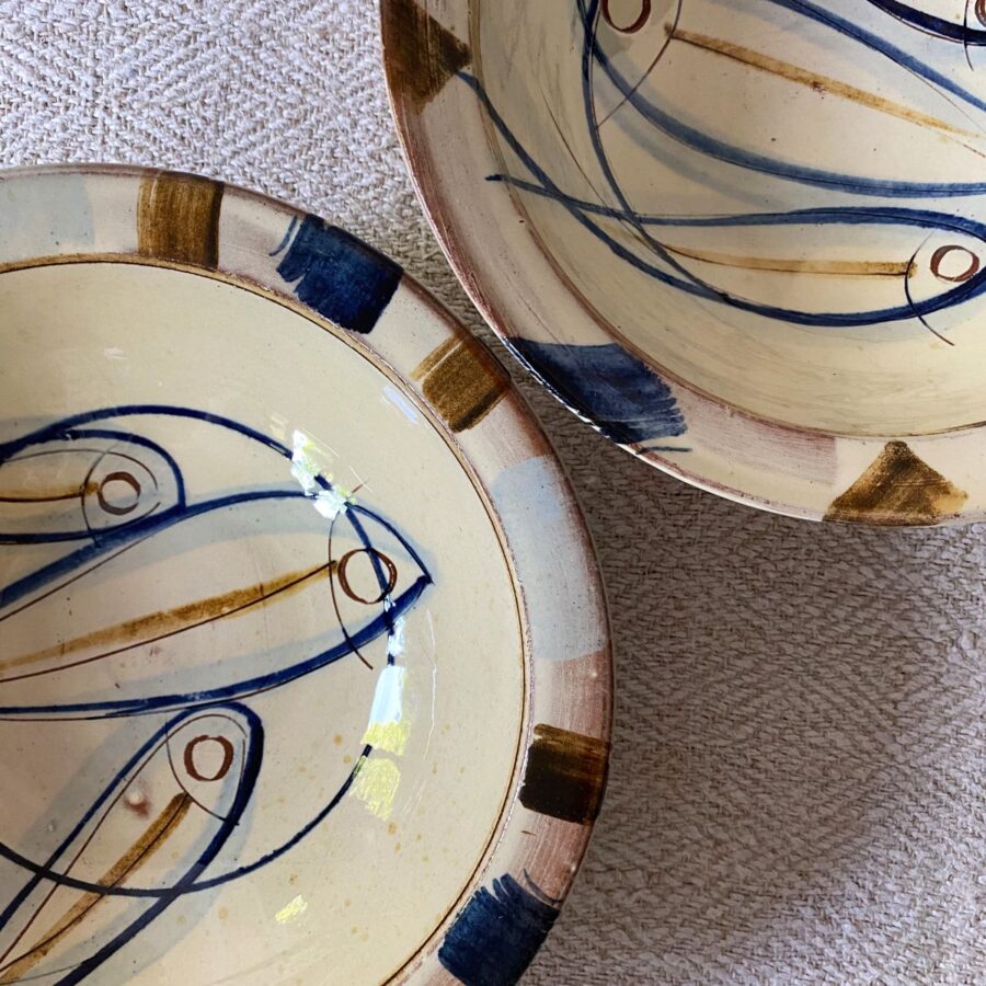 Jennifer Hall Slipware pasta bowls from above on a cream textile background