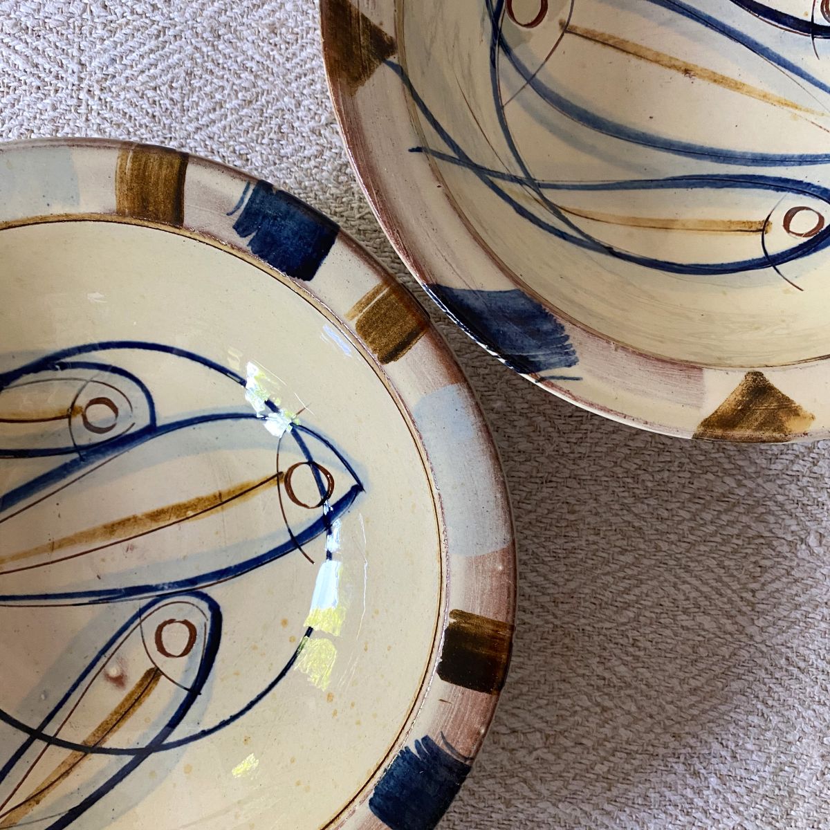 Jennifer Hall Slipware pasta bowls from above on a cream textile background