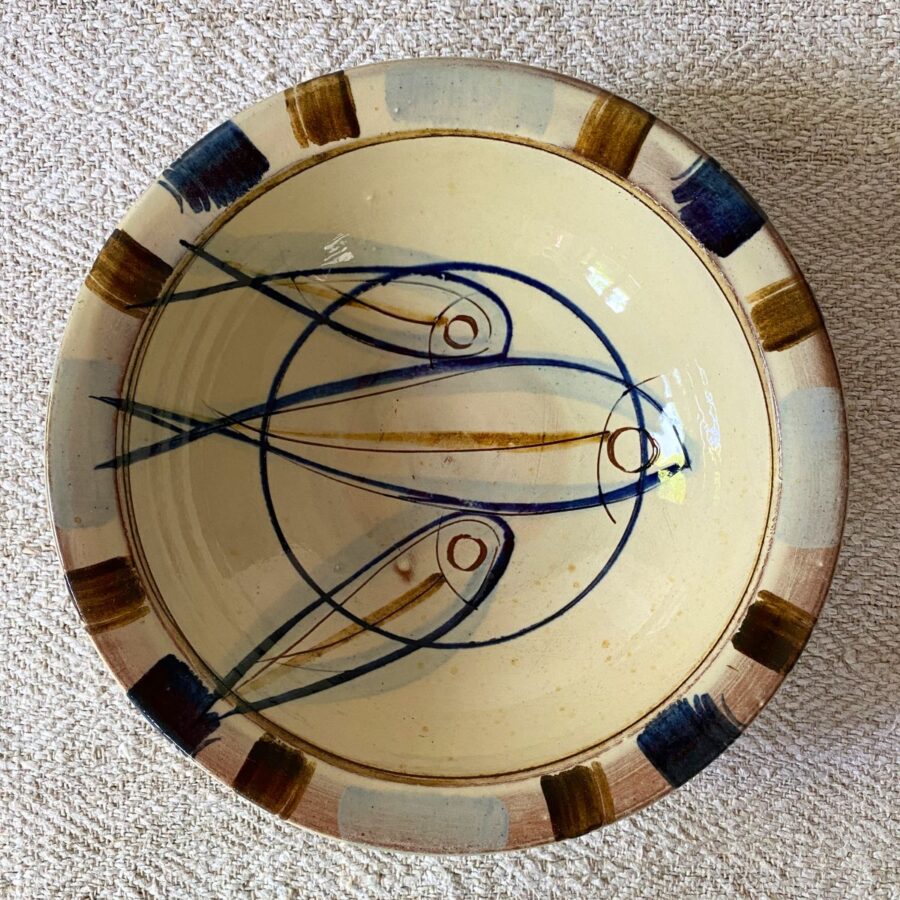 Jennifer Hall Slipware pasta bowl from above on a cream textile background