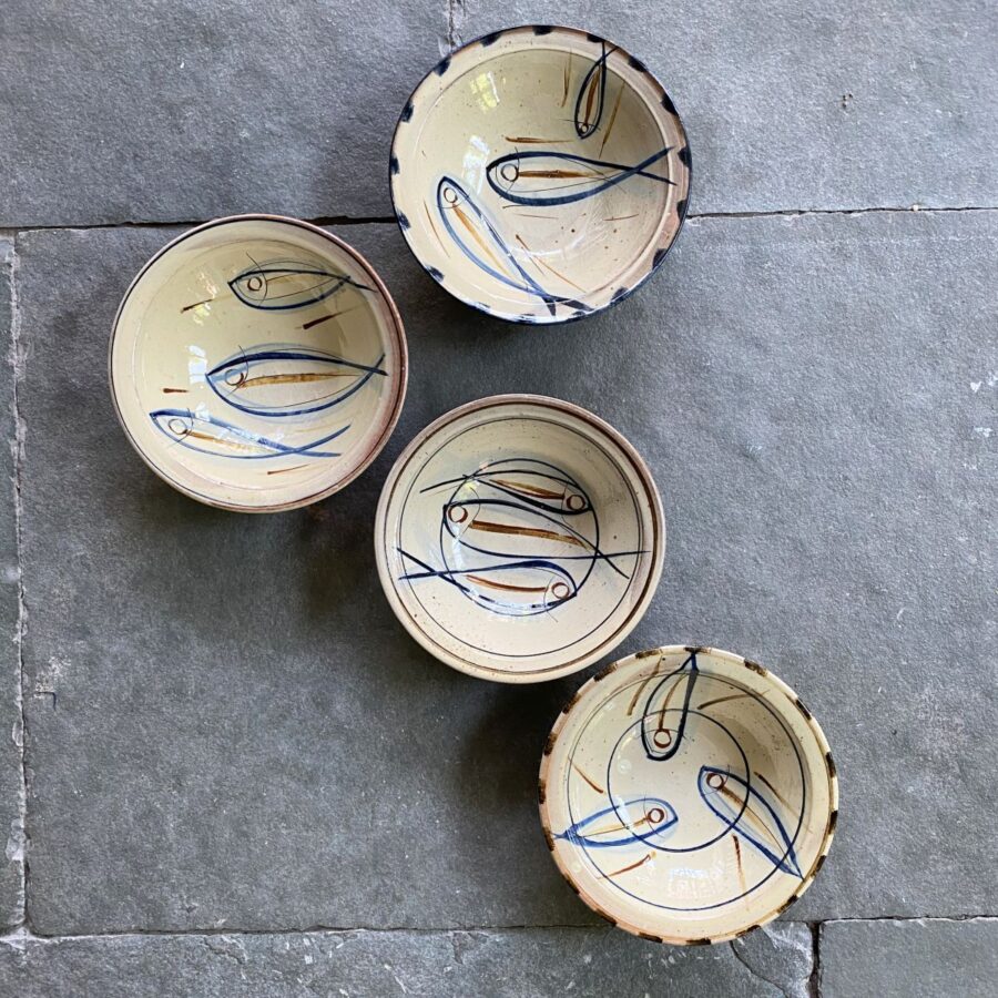 Jennifer Hall Slipware pasta bowls from above on a cream stone background