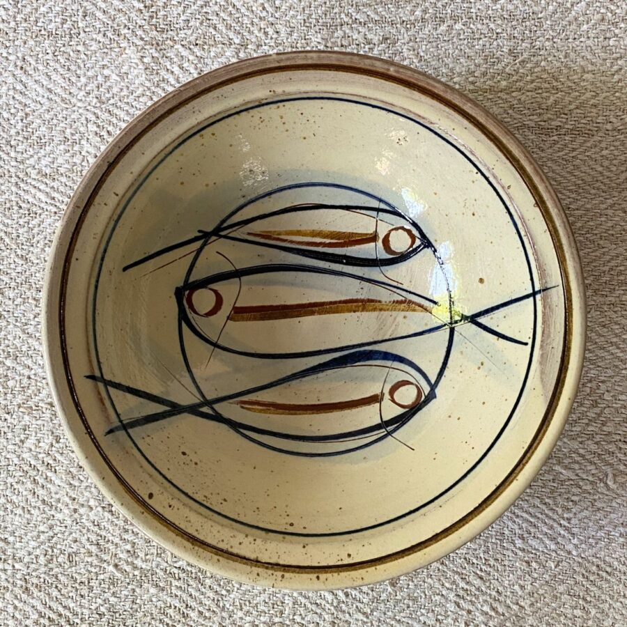 Jennifer Hall Slipware pasta bowl from above on a cream textile background