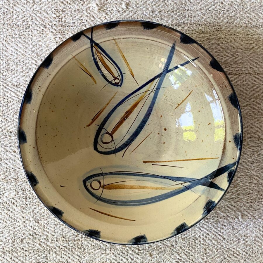 Jennifer Hall Slipware pasta bowl from above on a cream textile background