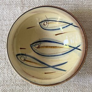Jennifer Hall Slipware pasta bowl from above on a cream textile background
