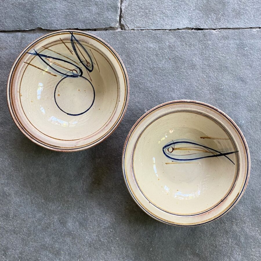 Jennifer Hall Slipware pasta bowls from above on a stone background