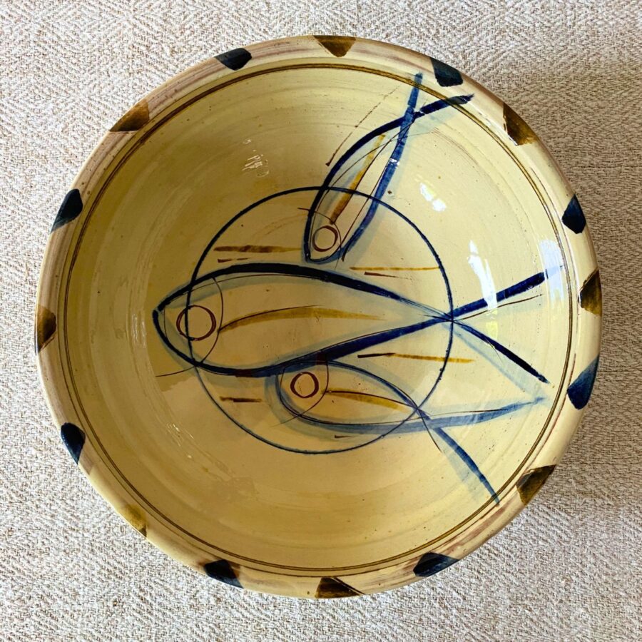 Jennifer Hall Slipware Salad Bowl overview on cream textile backcloth