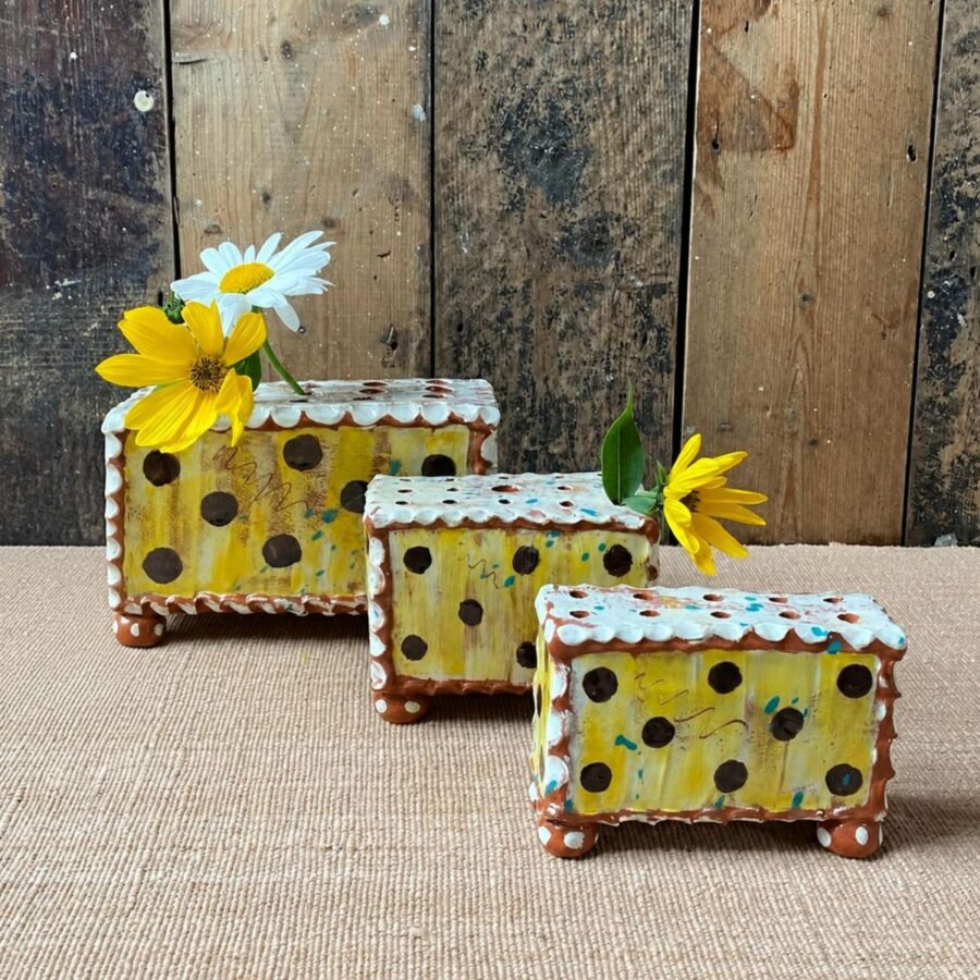 Sarah Monk Ceramic Slipware Flower Brick trio in increasing order of size