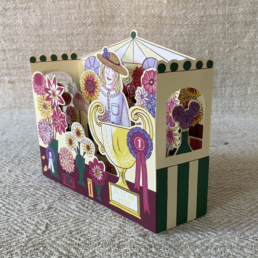 3D Card designed by Alice Pattullo depicting a woman at a flower show
