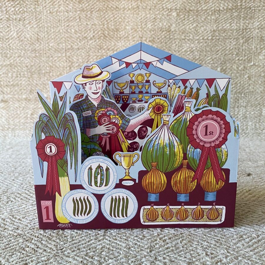 3D Card designed by Alice Pattullo depicting a man at a vegetable show