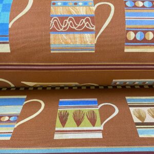 Marion Elliot design Mochaware fabric with brick background