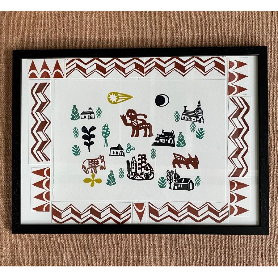Desdemona McCannon Framed lino print on cloth background