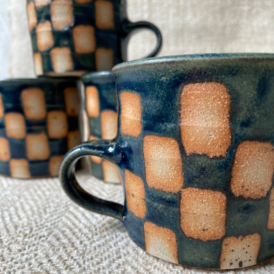 Edmund Davies Checked Mugs Blue EDMU1