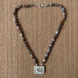 Silver boar pendant with agate necklace
