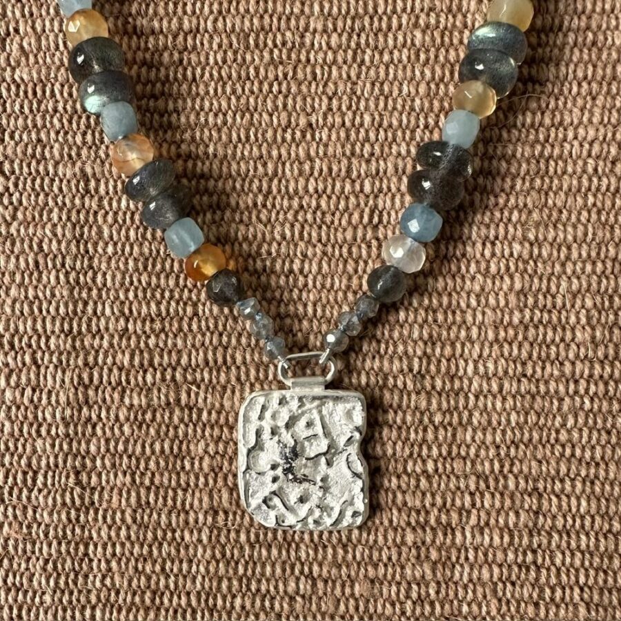 Carnelian & Aquamarine necklace with Silver Pendant M4