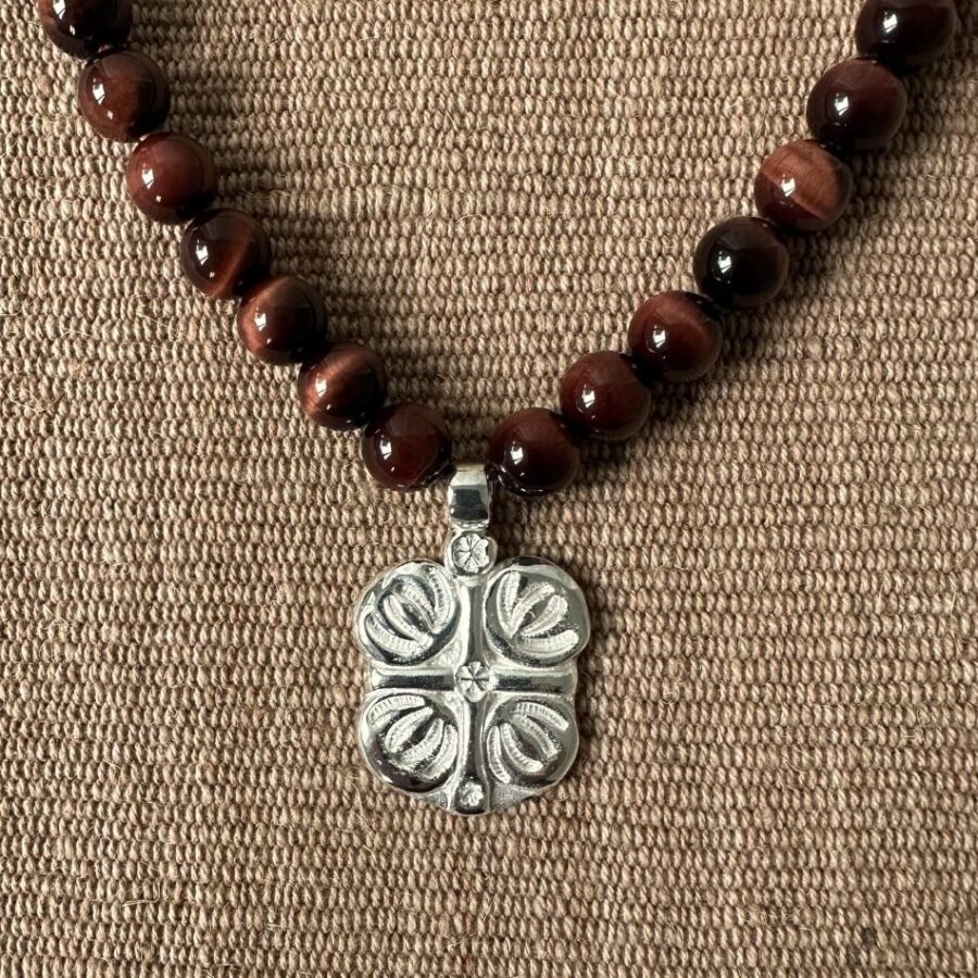 Red Tigers Eye Necklace with Silver Boss Pendant M5