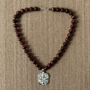 Red Tigers Eye Necklace with Silver Boss Pendant M5 - Image 2