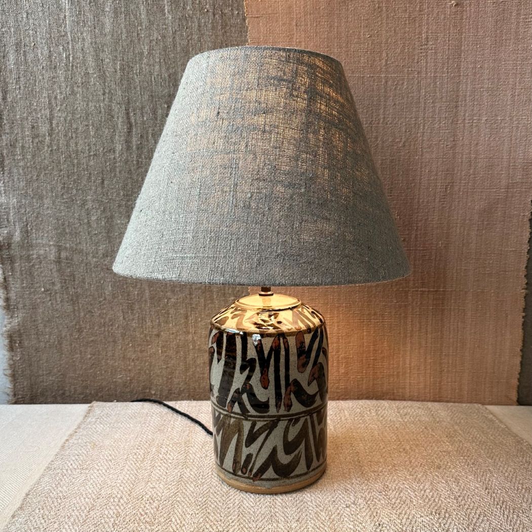 pottery Lamp, stoneware base linen shade